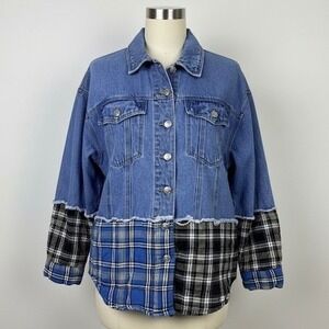 Forever 21 Denim Jacket Plaid Flannel Patchwork Blue Black Medium Hobo Core